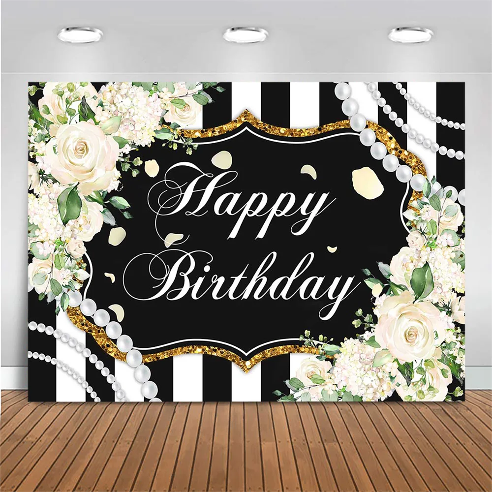 Mocsicka Schwarz-und-Weißen Streifen Frauen Geburtstag Hintergrund Decor Banner Blumen Glückliche Geburtstag Party Fotografie Hintergrund Requisiten