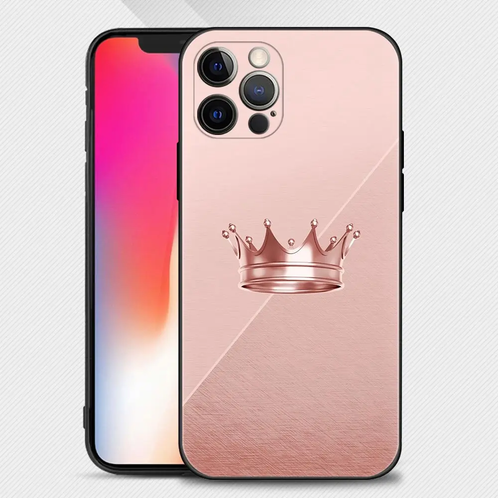 Capa de Silicone para iPhone 15, 14, 13, 12, 11 Pro Max, 15Plus, 14Plus, 13Mini, XS, XR, Capa de Telefone Princesa Rainha, Rosa Dourada, Rosa, Rosa, X, 7, 8