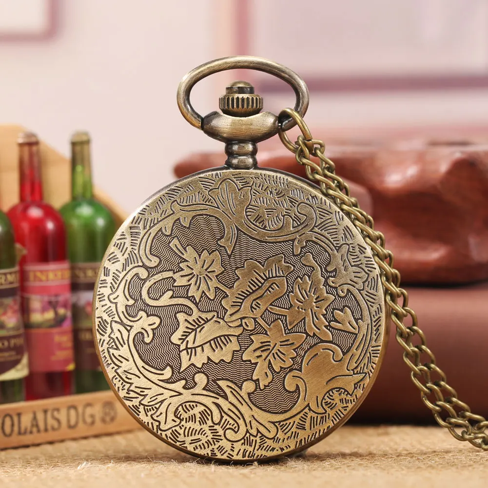 Retro Bronze Hollow Flowers Geometry Pattern Quartz Pocket Watch Sweater Chain Necklace FOB Pendant Clock Timepiece Unisex Gifts