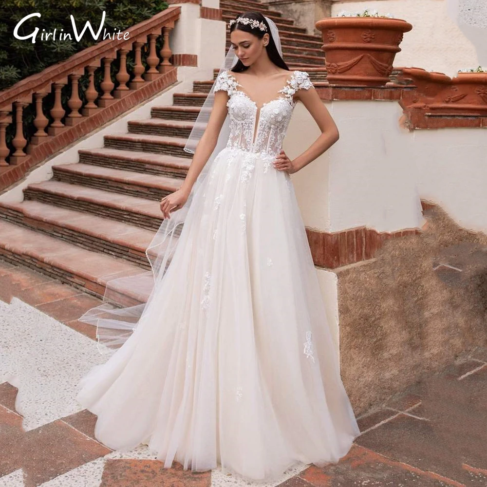 Classic Lace A-line Tulle Wedding Dress Cap Sleeve V Neck Bride Gown Sweep Train Backless Bridal Robes Vestido De Noiva