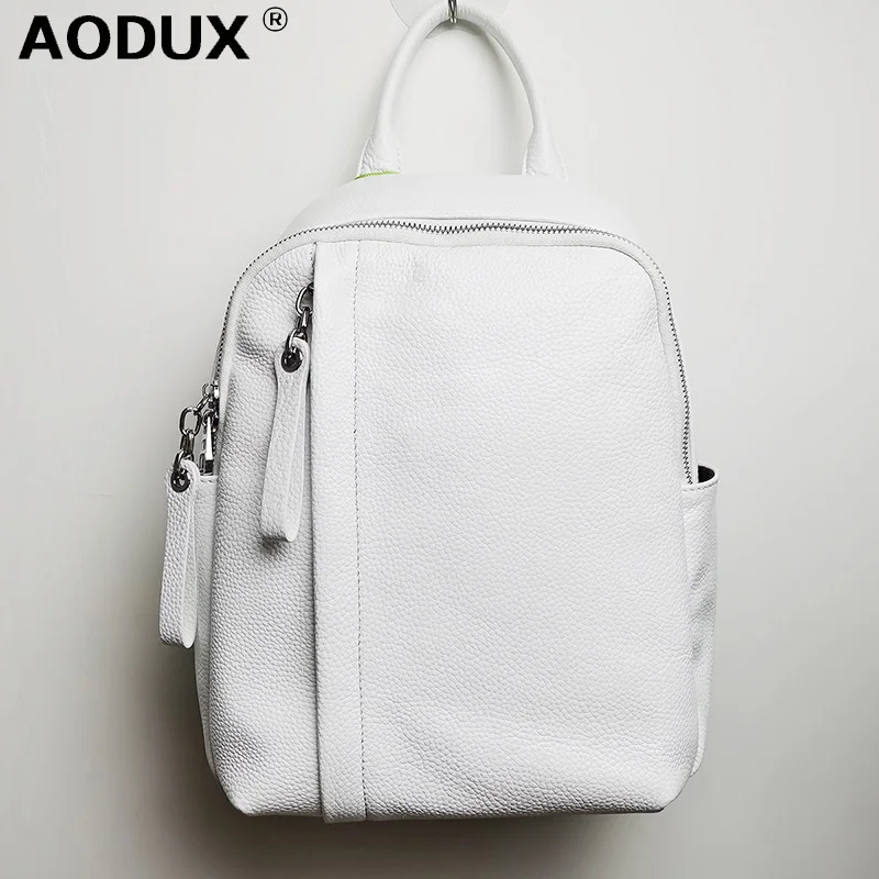 AODUX 2022 NEW 100% Genuine Cow Leather Silver Hardware Women Everyday Casual Backpacks Girl First Layer Cowhide Female Book Bag