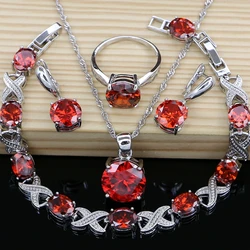 Flame Red Cubic Zirconia Bridal Jewelry Sets for Women 925 SilverWedding Stone Earrings with Stone Necklace Set Dropshipping