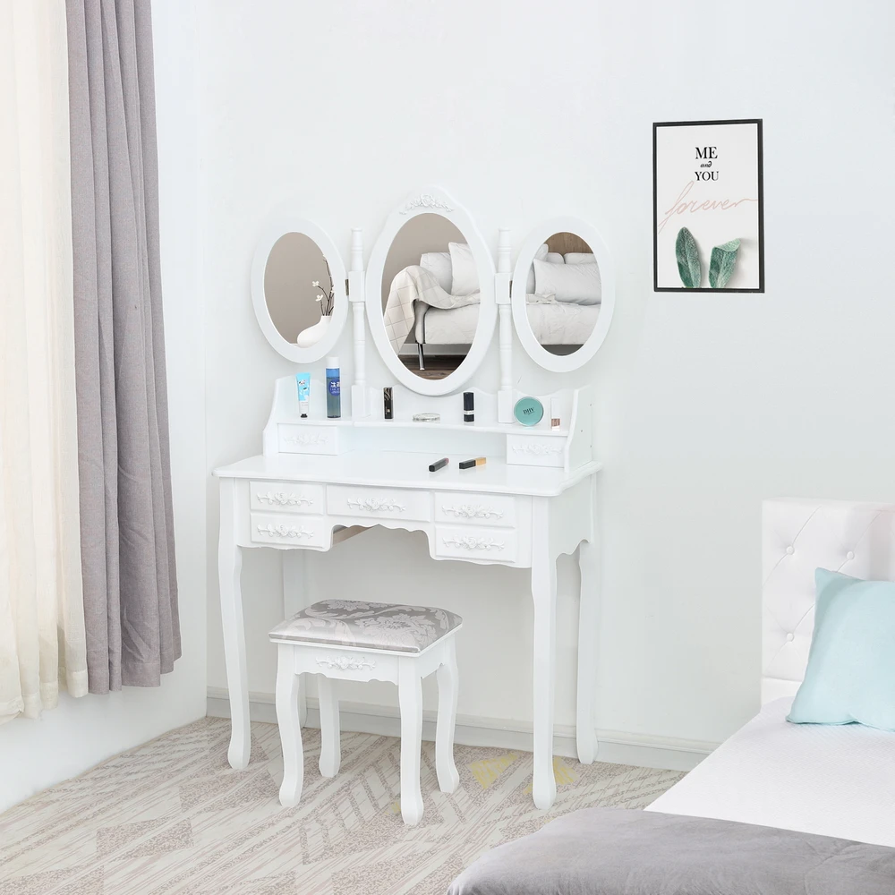 Dressers Foldable 3 Mirrors with 7 Drawers Dressing Table White with Dressing Stool  (90 x 40 x 145)cm