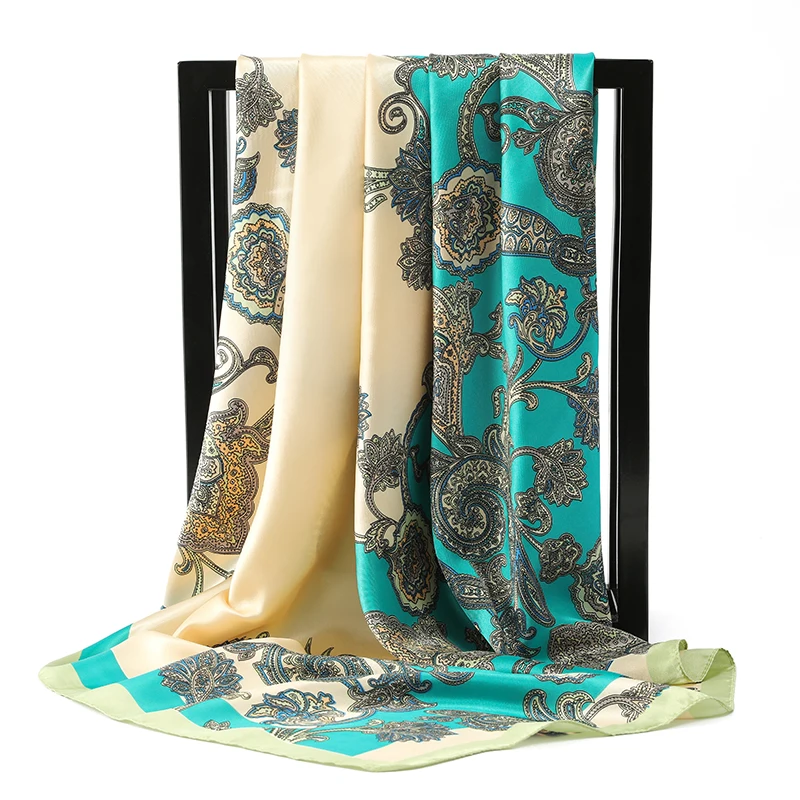 90*90 cm Zijden Sjaals Vrouwen Print Foulard Satijn Vierkante Kop Hijab Dames Luxe Merk Sjaal Bandana Vrouwelijke Uitlaat chiffen wrap