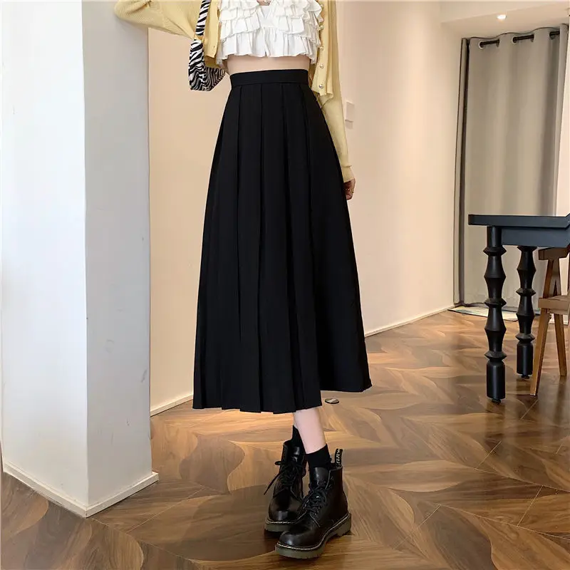 Long Skirts Women Pleated Chic Friend Basic Autumn College Girls Bottom All-match Casual High Waist Teens Mujer Faldas Vintage