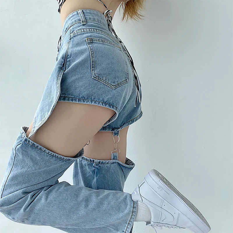 2021 Office Lady Solid Hollow Out Jeans Women Y2K Summer Shorts Blue Straight Loose Denim Pants Sexy High Waist Trousers P162