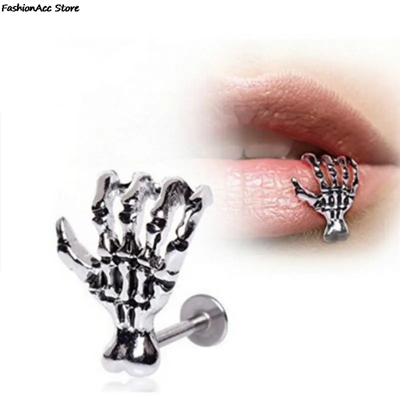 1Pc Skull Shape Body Jewelry Punk Devil Hand Kylie Lip Piercing Jewelry Skeleton Labret For Women&Men