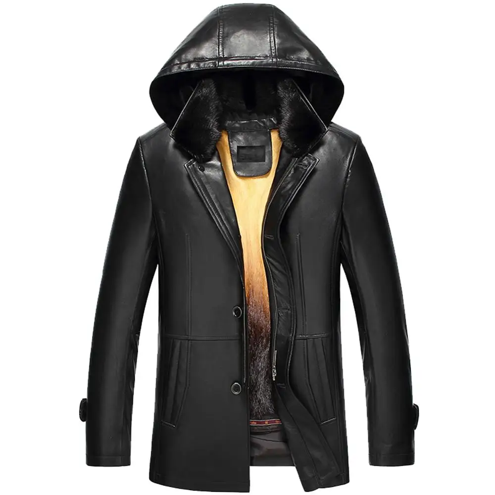 

Mens Sheepskin Coat Detachable Hooded Black Mink Fur Coat Mink Fur Collar Rex Rabbit Fur Warm Winter Fur Jacket Trench Coat