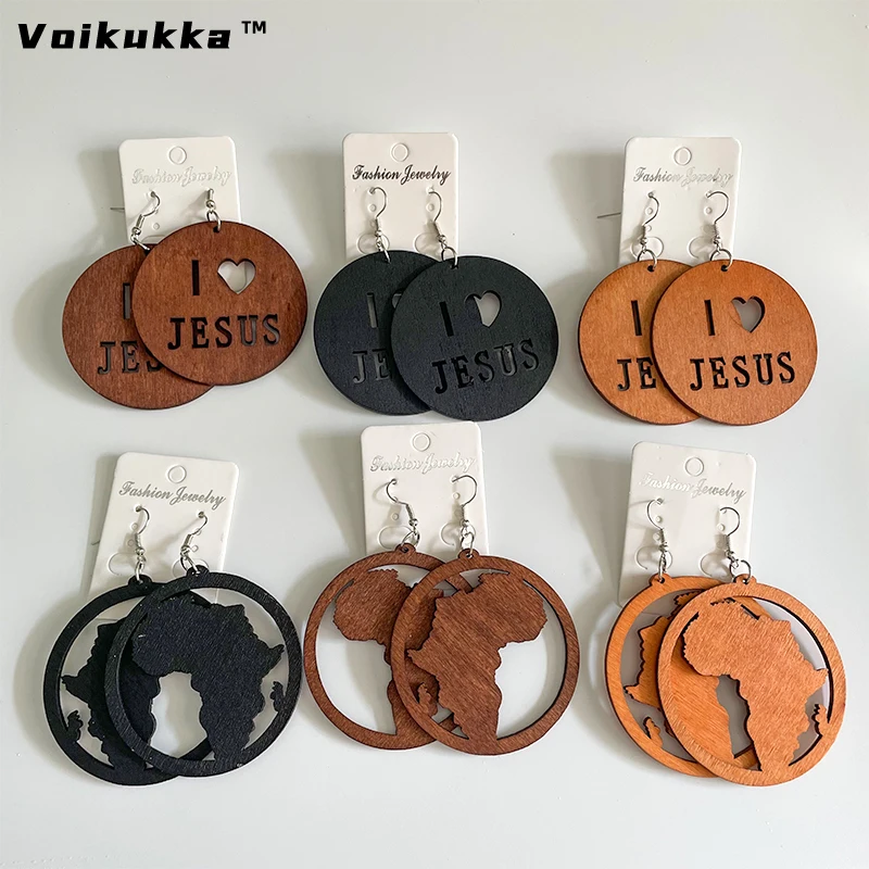 VOIKUKKA Jewelry Round Drop Pendants Laser Cutting Hollow Out I Love Jesus African Map Natural Wooden Ethnic Women Earrings