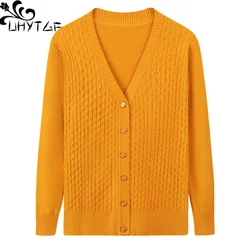 UHYTGF elegante madre primavera autunno maglione giacca monopetto Cardigan lavorato a maglia per le donne moda scollo a v taglia allentata Coat1447