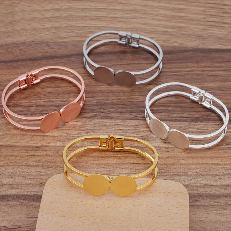 

10pcs Women Open Cuff Bracelet Base Blank with 18 20mm Double Flat Circle Glue Pad Spring Bangle Settings Findings Multi-color