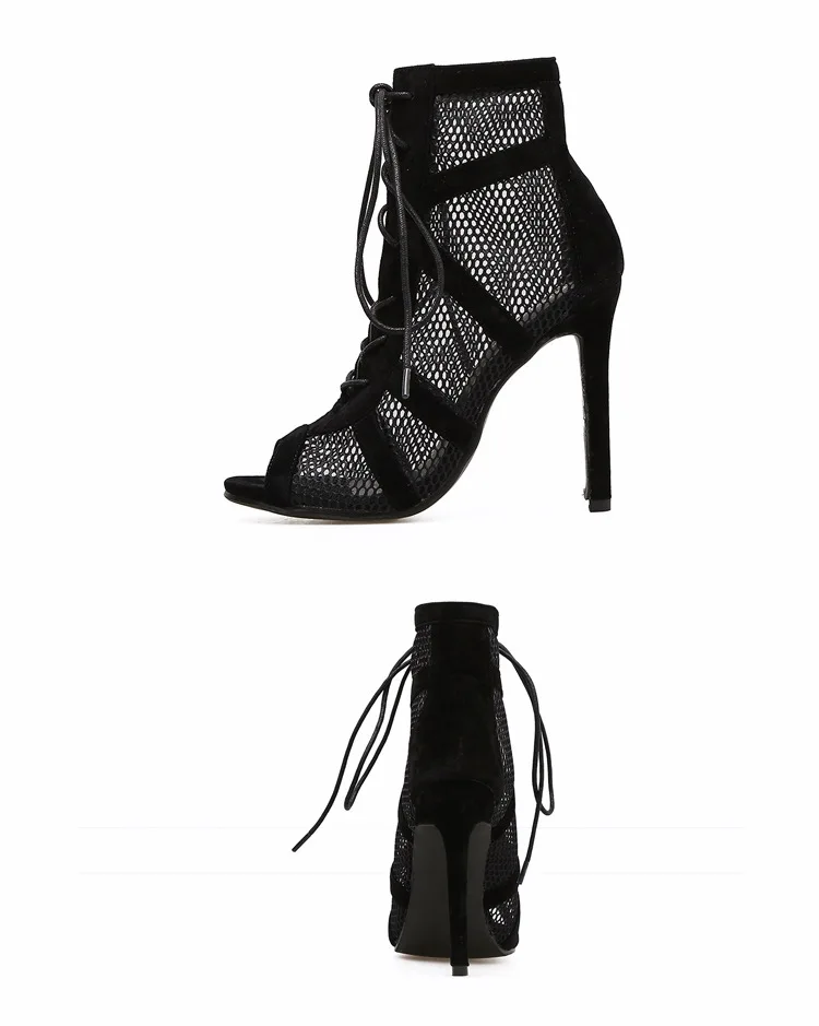 New Classic Black Fashion Basic Sandals Boots Women High Heels Pumps Sexy Hollow Out Mesh Lace-Up Cross-tied Boots Party Shoes