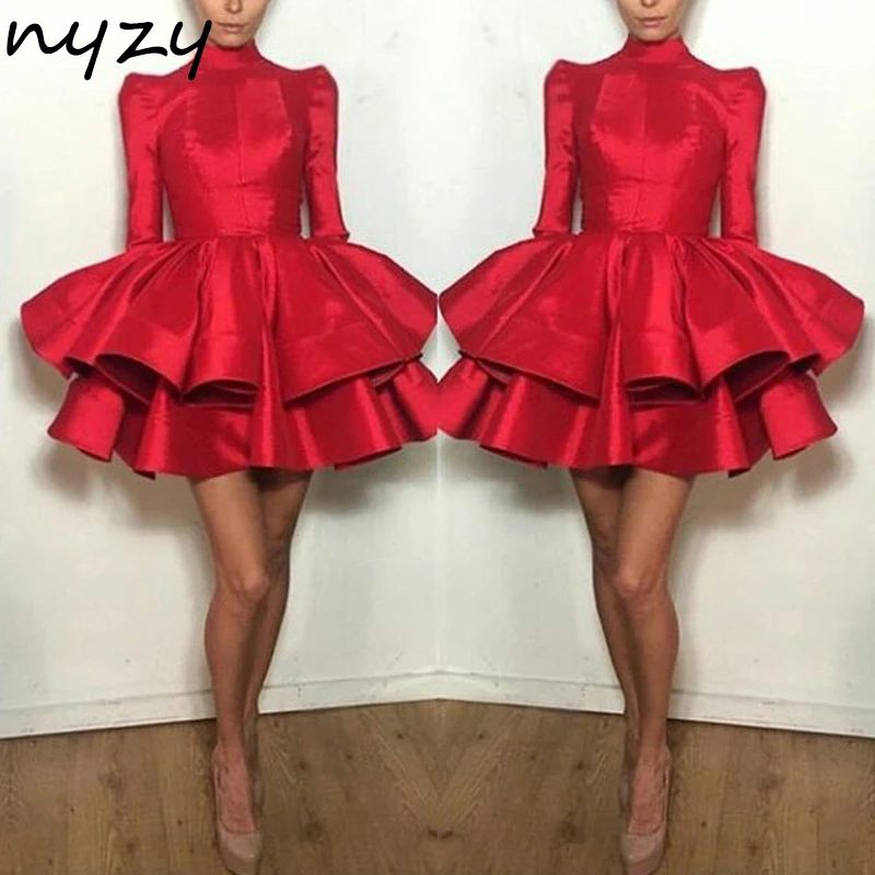 NYZY-Vestido corto de satén para fiesta, manga larga, color rojo, 2021