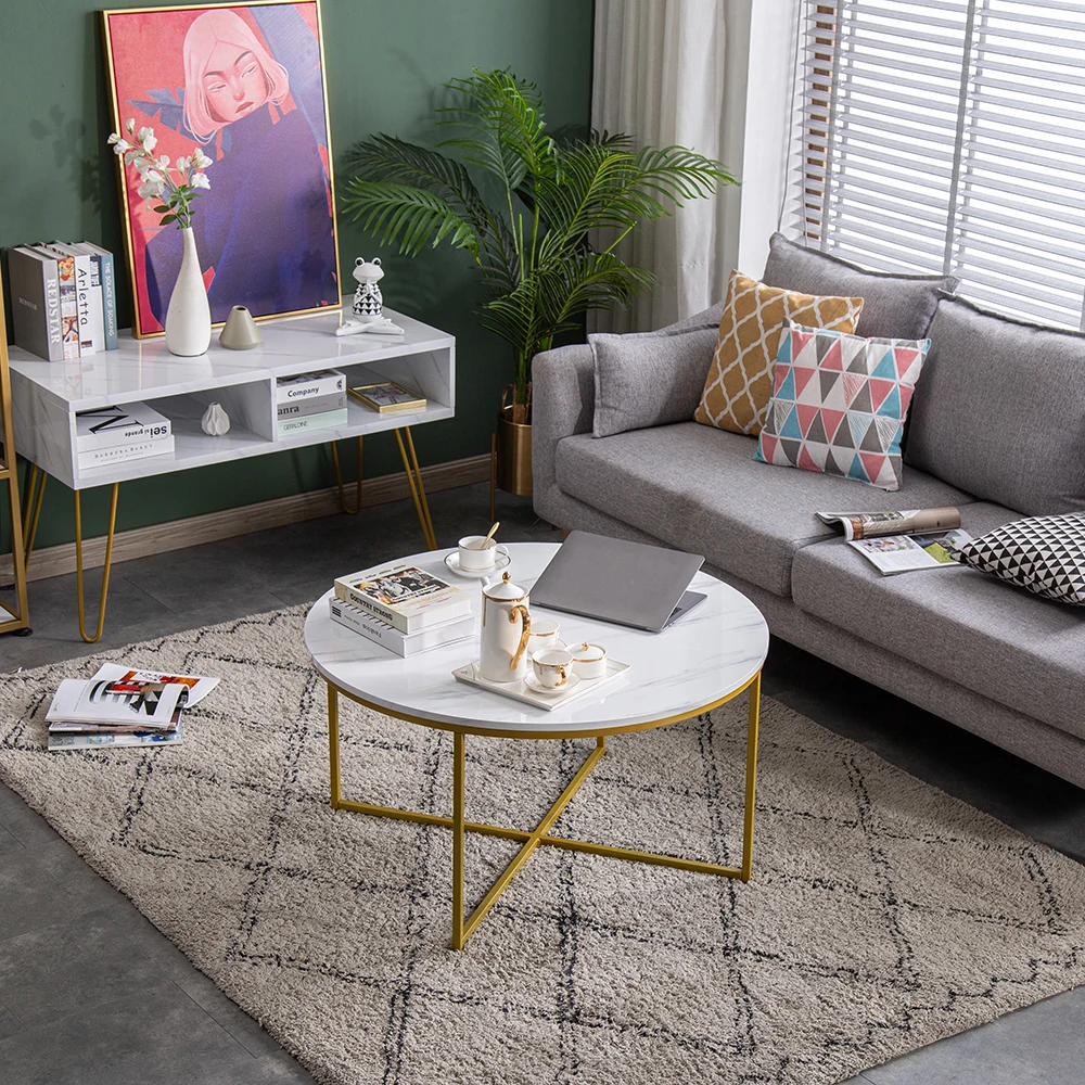 Two Colors [90x90x48.5cm]  Marble Simple Round Coffee Table  Side Table for Living Room