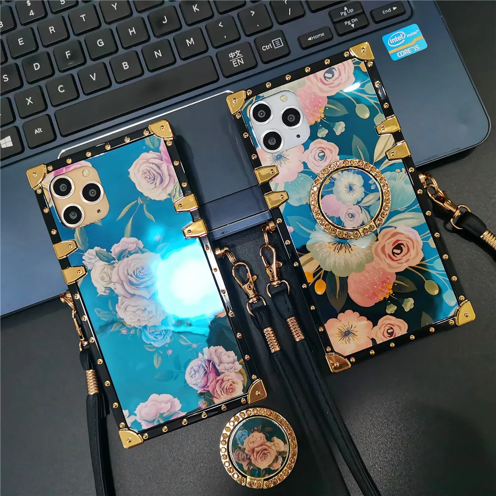 Luxury Floral Flower Woman Cover Rope Lanyard Case for Samsung Galaxy S24 Ultra S22 Plus S21 S23 FE S10 S20 S9 Note 20 10 9 8