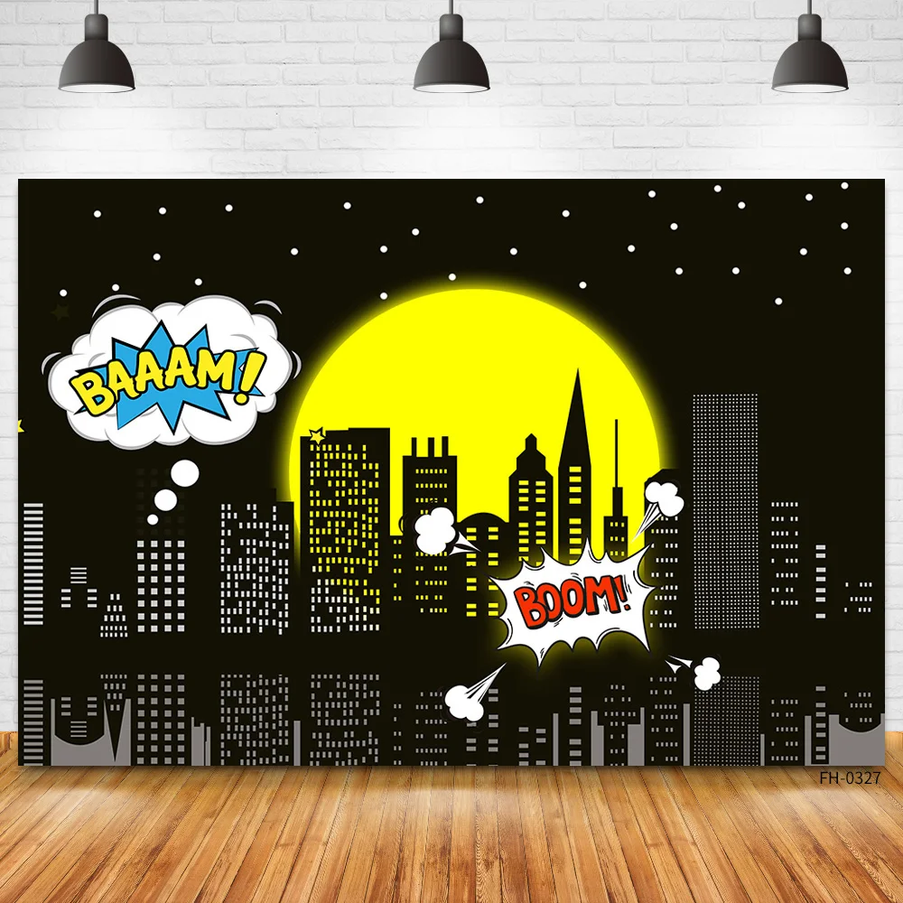 Custom Name Superhero Cityscape Super Hero Birthday Party Photography Backdrops Baby Photo Background Boy Photocall Photo Studio