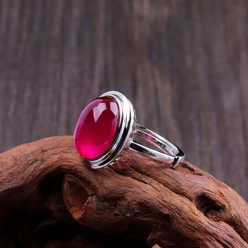 100%S925 sterling silver jewelry fashion lady hollowed out design red corundum ring.