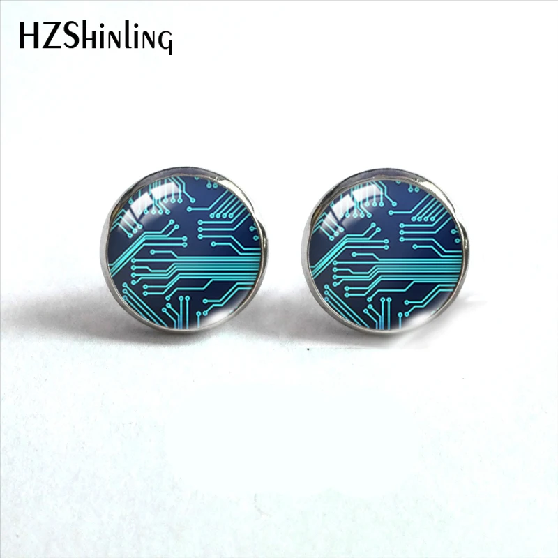 2020 New Computer Circuit Board Stud Earring Cute Earrings Hand made Glass Cabochon Art Photo Jewelry