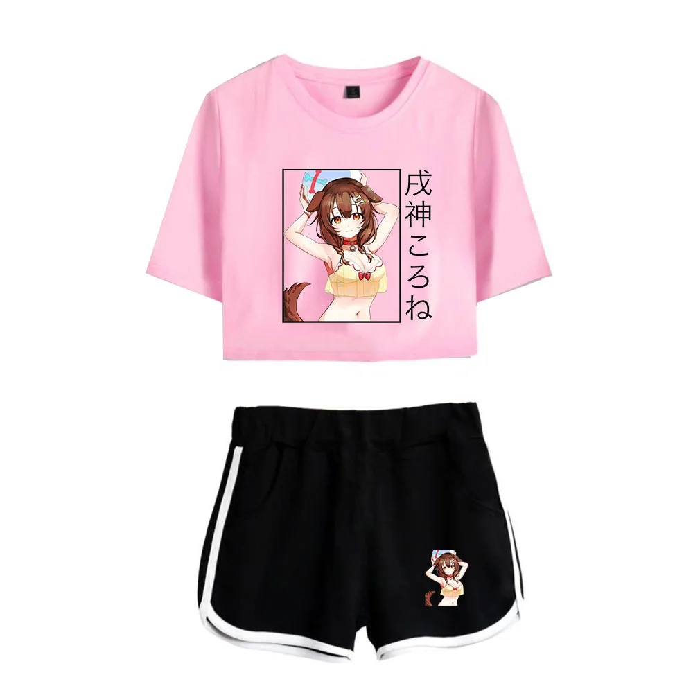 

Summer Women's Sets Anime Inugami Korone Short Sleeve Crop Top + Shorts Sweat Suits Women Tracksuit Two Piece Outfits streetwear