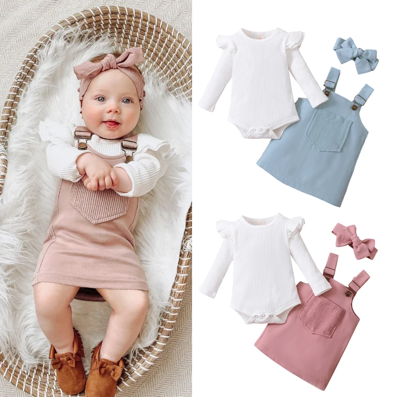 2021-06-19 Lioraitiin 0-18M Infant Baby Girl 2Pcs Autumn Clothing Long Sleeve Solid Romper Top Suspender Skirt 2Colors