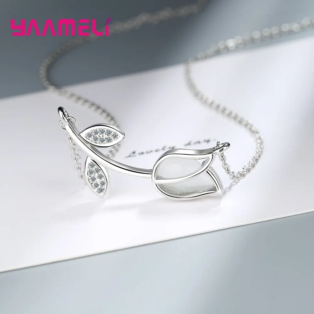 Simple Trendy 925 Sterling SilverRose Flower Branch Leaf Pendant Chain Necklace for Women Gifts Cubic Zirconia Jewelry Supplies