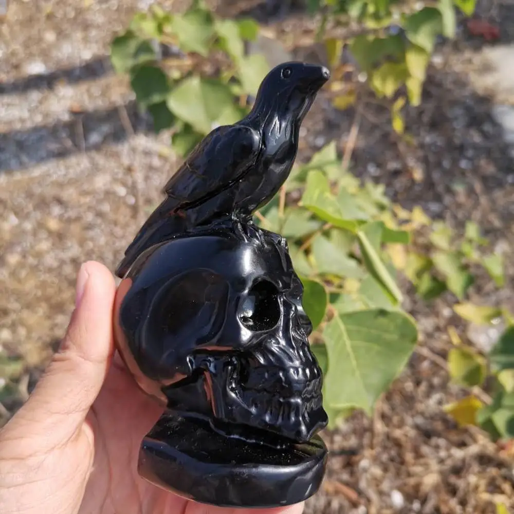 Natural Hand Carved obsidian skull and raven sculptures Reiki Healing Stone Statue