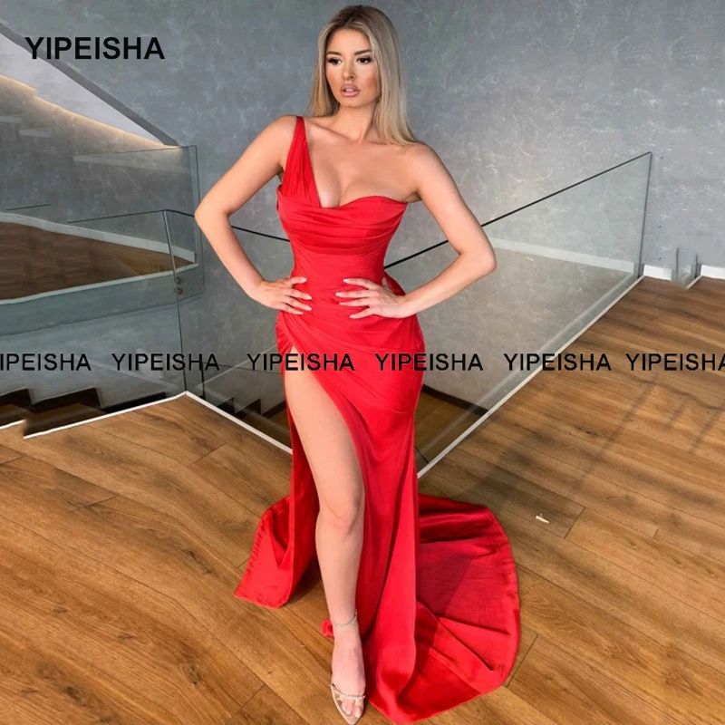 

Yipeisha One-shoulder Red Evening Dresses Side Slit Black Prom Dress Satin Long Party Gown Banquet Wear Vestido de Festa