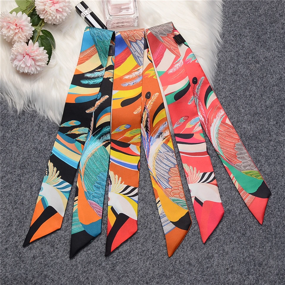 Brand 100% Real Silk Scarf Women 2023 Design Feather Summer Natural Mulberry Silk Scarf Foulard Hair & Bag Scarves Neckerchief