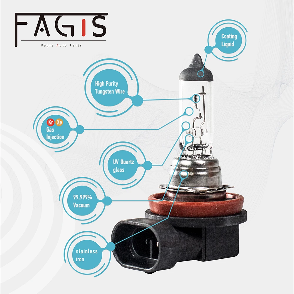 Fagis 2PCS Longlife H16 Halogen Bulb 12V 19W PGJ19-3 Base 3350K Car Fog Lights Clear Quartz Glass Auto HeadLight Lamp