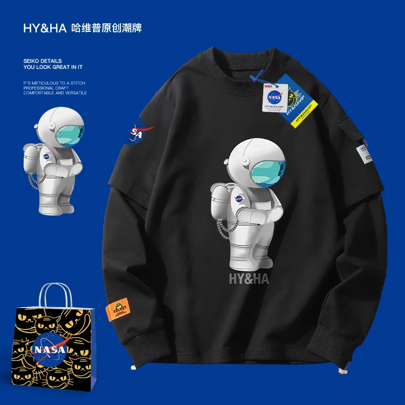 

Astronaut Sweatshirt Men's Fake Two Piece Sweatshirt Round Neck Long Sleeve Pullover Casual Hoodies Men Clothing Lounge Wear