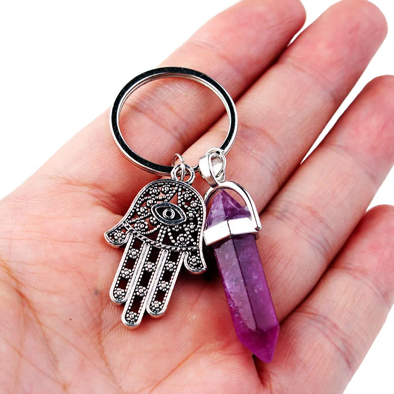 Natural Hexagonal Column Stone Keychain Women Pink Quartz Opal Crystal Key Chain With Evil Eye Fatima Jewelry Party Friends Gift