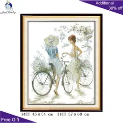 Joy Sunday Bicycle Girl Cross Stitch Kits, Counted and Stamped Home Decoration, RA056 14CT 11CT