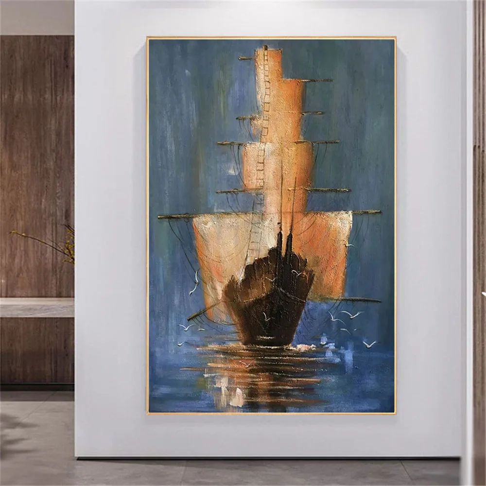 Vintage Home Decor Blue Wall Art Pictures Hand-Painted Oil Painting On Canvas Pop Abstract Sailing Pirates Of The Caribbean Ship