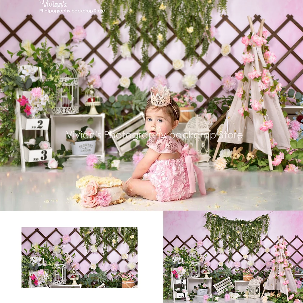 Pink Garden Spring Backdrop Kids Cake Smash Prop Girl Birthday Flower Forest Child Potrait Green Tree Red Rose Decor Photostudio