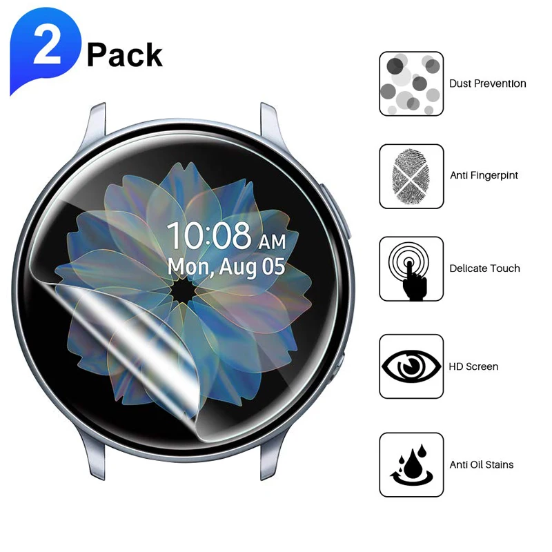 2pcs Ultra-thin Protective Film for Samsung Watch Active 2 40mm 44mm HD Anti-Bubble Soft Round Edge Full Screen Protector Cover