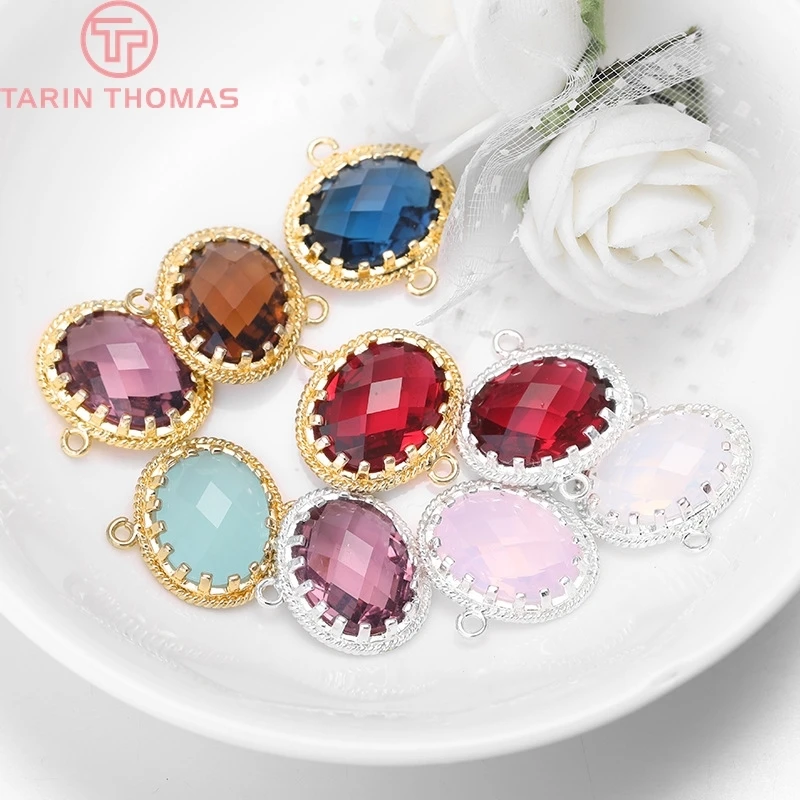 (348)4PCS19x18MM 24K Gold Color or Silver Color Brass with Oval Shape Colourful Glass Beads 2 Holes Connect Charms Accessories