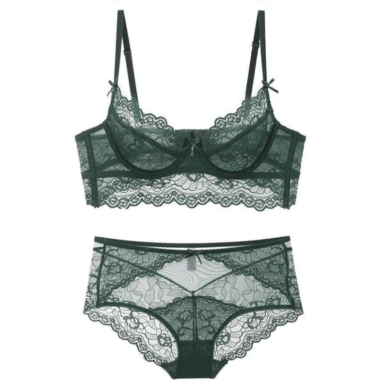 Green Floral Lace Bra And Panties Set Plus Size Transparent Underwire Push Up Bras Embroidery Underwear Women Sexy Lingerie Sets