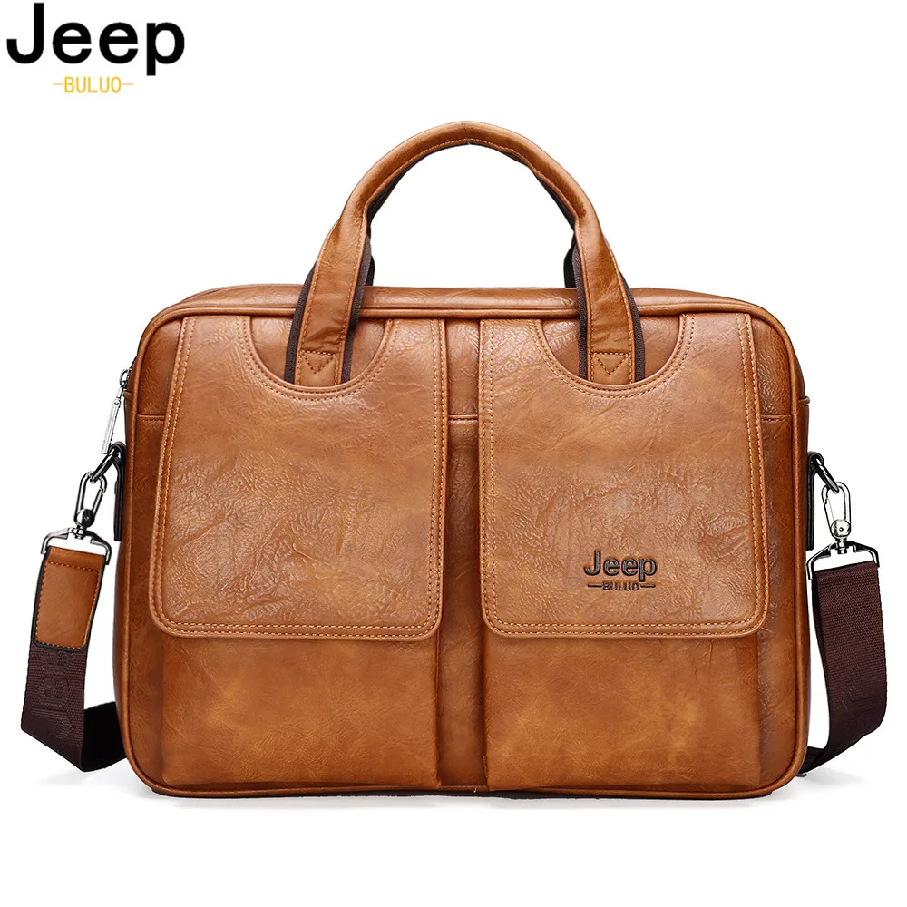 JEEP BULUO Men\'s Bags Briefcase Travel Easy To Carry Multifunctional Large Handbag 14-inch Computer Split Leather Man Big Bag