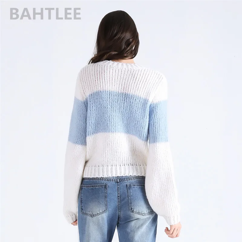 BAHTLEE-Women's Thick Mohair Sweater, Lantern Sleeves, Wool Knitted Jumper, O-Neck, Stripe Color, Loose Pullovers, Winter