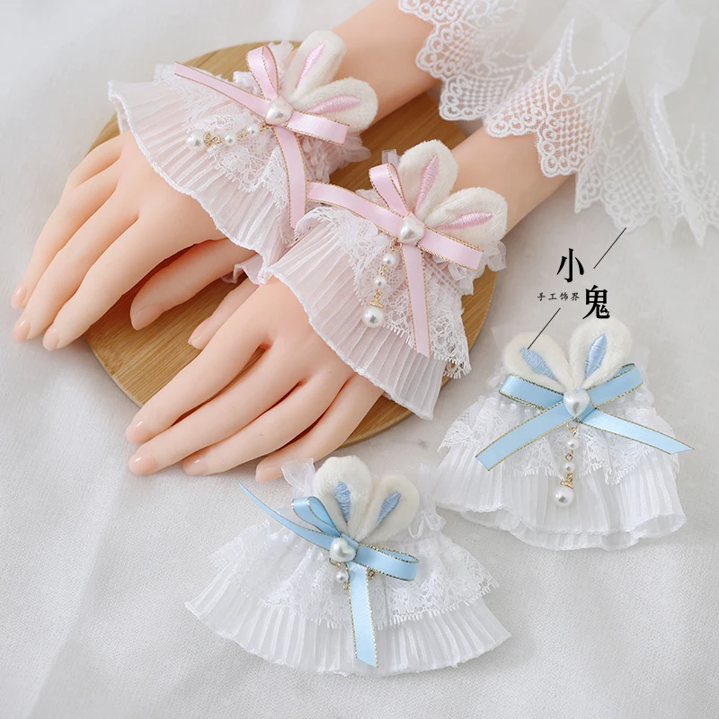 Lolita Handschuhe Mädchen Hand Hülse Niedlichen Kaninchen Perlen Spitze Bowknot Armband Hochzeit Prom Party Kostüm Cosplay Zubehör