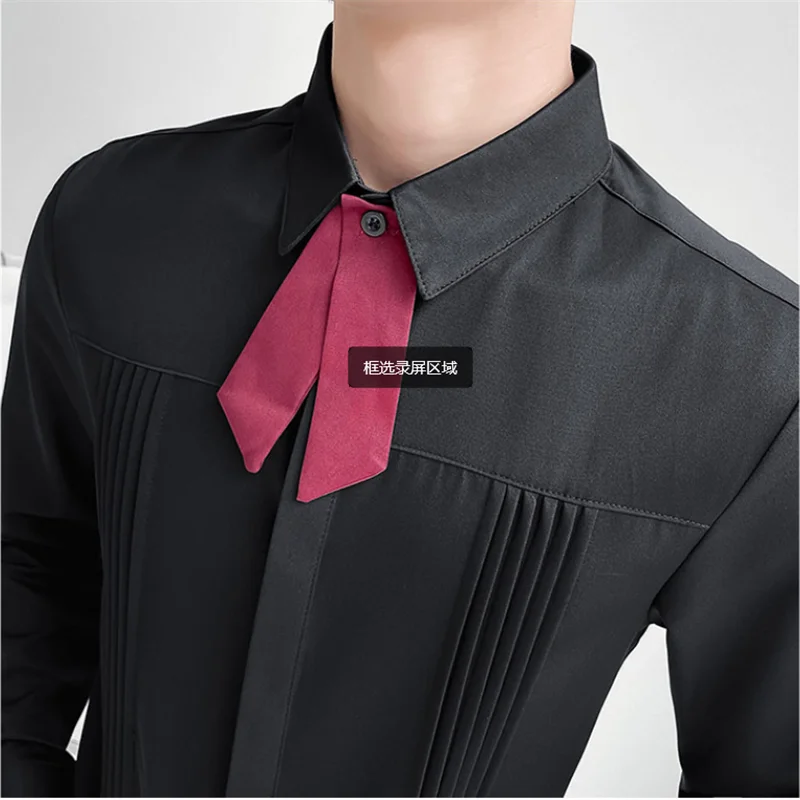 Luxury Men Wedding Party Shirt Korean Fashion Designer Men Pleated Slim Fit Shirt Men Long Sleeve Dress Shirt Social Streetwear