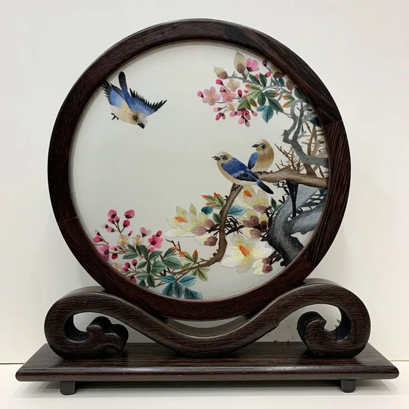 

Chinese Vintage Decor Table Ornaments Hand Silk Embroidery Designs Works Wenge Frame Home Decoration Accessories Wedding Gift