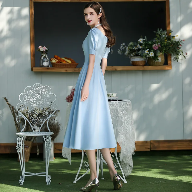 Bridesmaid Dresses Water Blue A Line Elegant Vestido De Festa Longo V-Neck Puff Sleeve Women Formal Wedding Guest Gowns R013