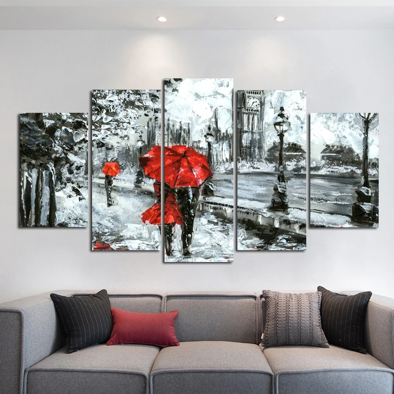 Modern Abstrac Couple walking down the street Poster And Print On Canvas Wall Art Painting Plant Pictures 5pcs Set Home Decor