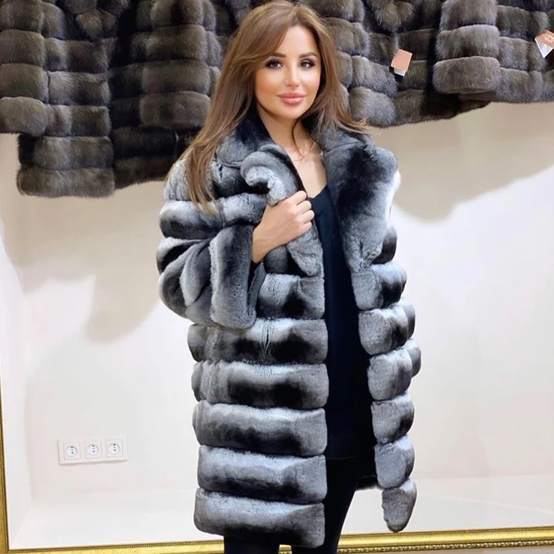 Fur Jacket Natural Rex Rabbit Fur Jacket Women Mid-Length Chinchilla Color Coat Luxury Best Selling