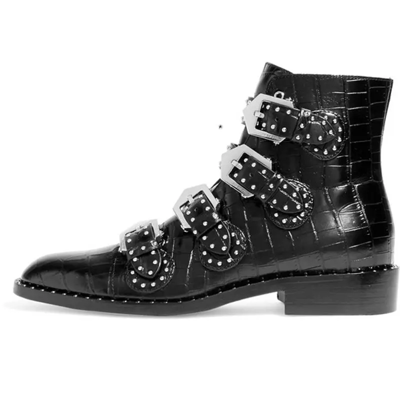 

Rivet Studded Multi-Buckle Boots Punk Style Flat Ankle Boots Black Leather Fashion Women Party Dress Winter Shoes