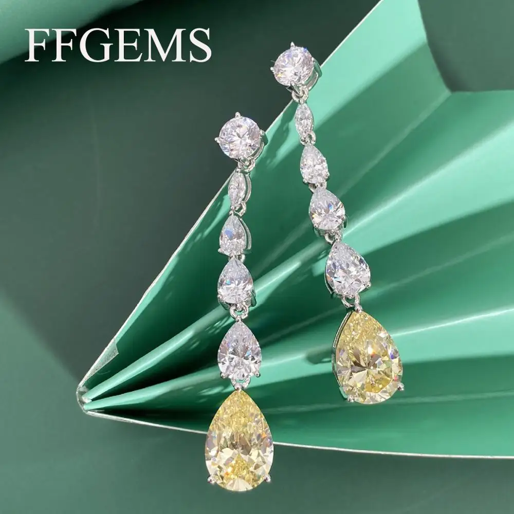 FFGems 100% 925 Sterling Silver Citrine yellow Gemstone Drop Dangle big Moissanite Gold Earring Fine Jewelry Gift for women 2020