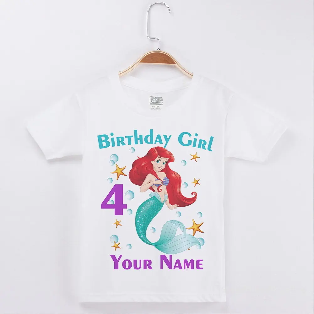 Happy Birthday tee Baby Girl Mermaid Print Girls Shirts Number 3-12 Custom Name Birthday Present Party Tees Kids Clothes