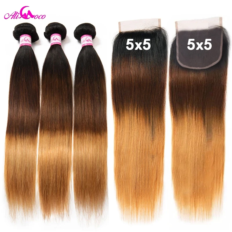 Ali Coco 5x5 Closure With Bundles Remy Human Hair 3 Bundles With Closure 1/4/27 Brazilian Straight Hair Bundles With Closure