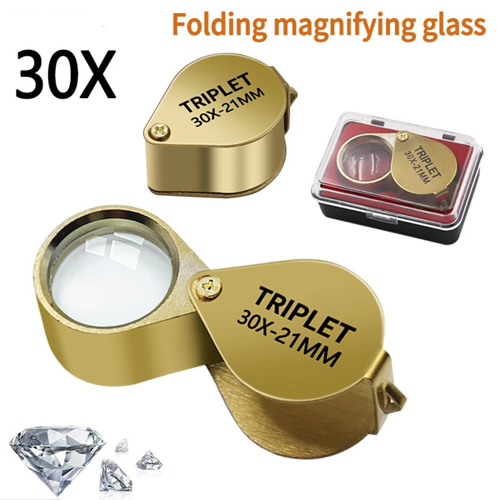 Portátil Mini Lupa Dobrável Lupa Jewllery Lupa Tamanho do Bolso Adorável Jujlery Lupa de Vidro Metal Dourado 30x